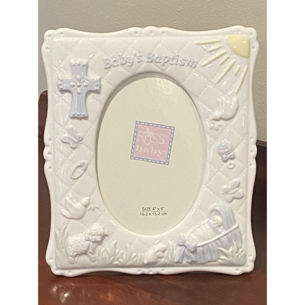 Russ Ceramic Photo Frame Baptism Baby Blue 4x6 Portrait Layout Picture Holder - Picture 3 of 4